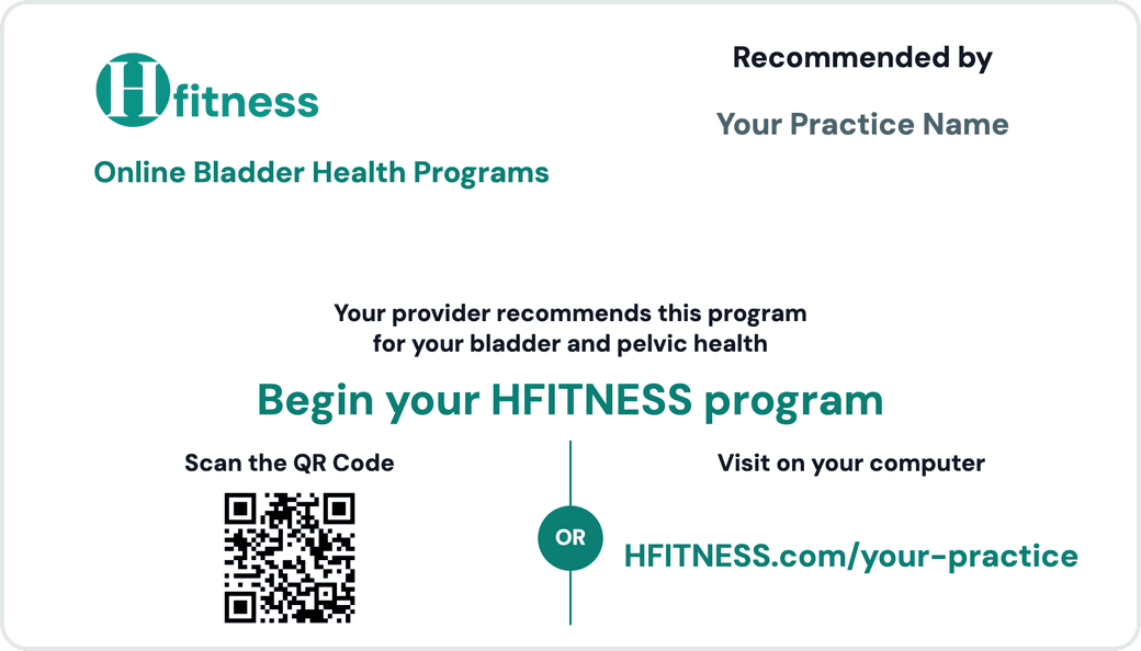 Sample HFITNESS patient card with a practice name, a QR code and a short web address